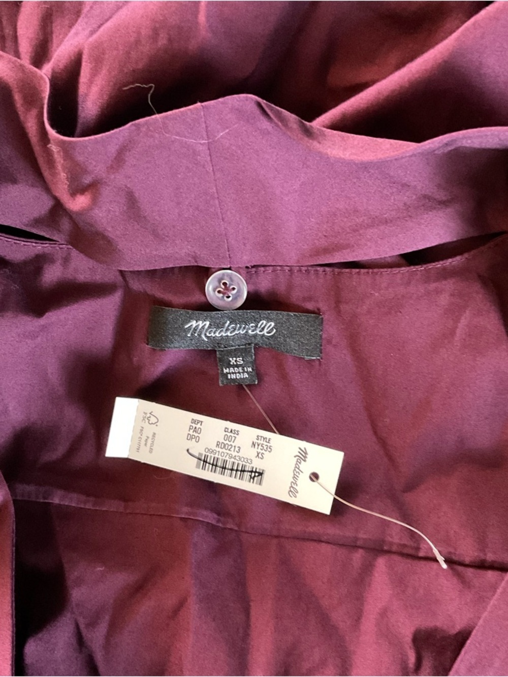 Madewell V-Neck Button-Front Top Dark Pomegranate Purple Tie Neck Size XS NWT - Picture 10 of 11
